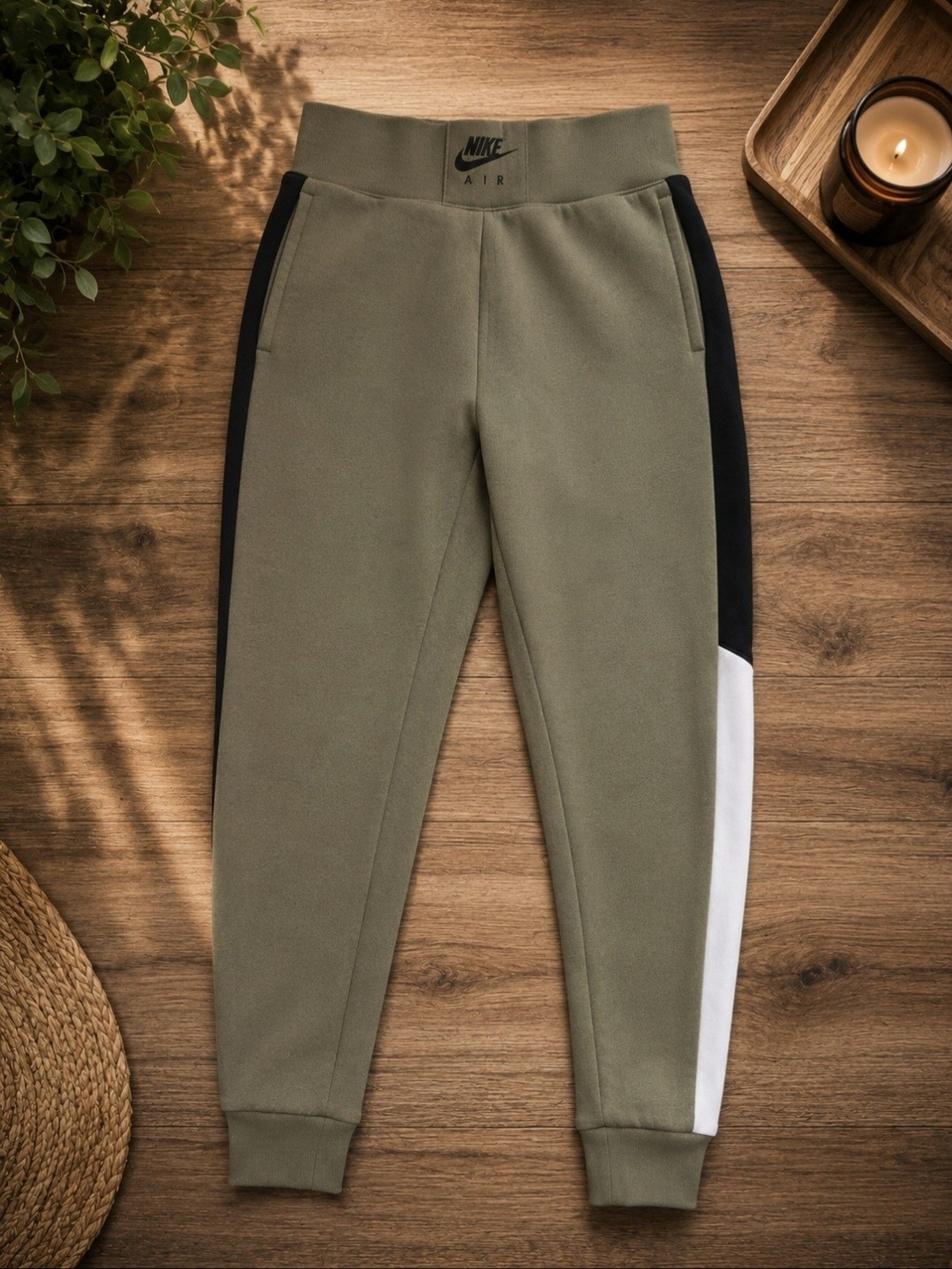 Nike Olive Green Colorblock Joggers with Black and White Panels